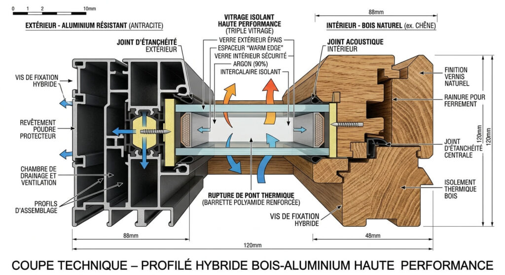 Châssis aluminium en Belgique : dans quels cas c'est le bon choix ? 4 Coupe technique d'un profilé de châssis hybride alliant la chaleur du bois intérieur et la résistance de l'aluminium extérieur.