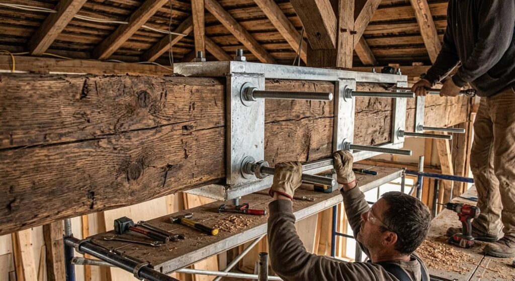 Pose de moises métalliques et de tiges filetées pour renforcer une poutre en bois porteuse.