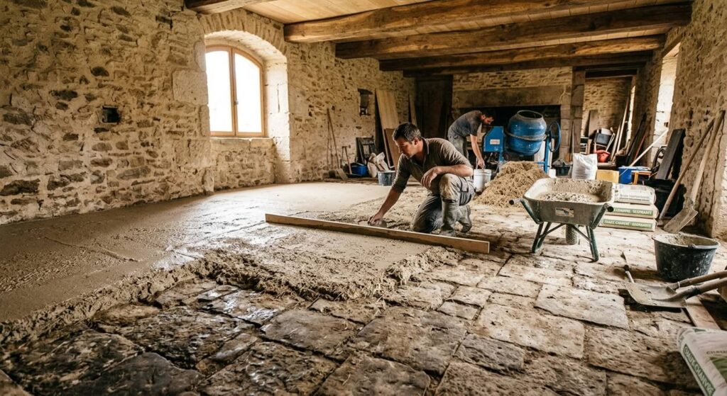 Sol en terre battue dans une maison ancienne : comment le rénover ? 3 Application d'une chape respirante en chaux et béton de chanvre sur un sol d'origine.