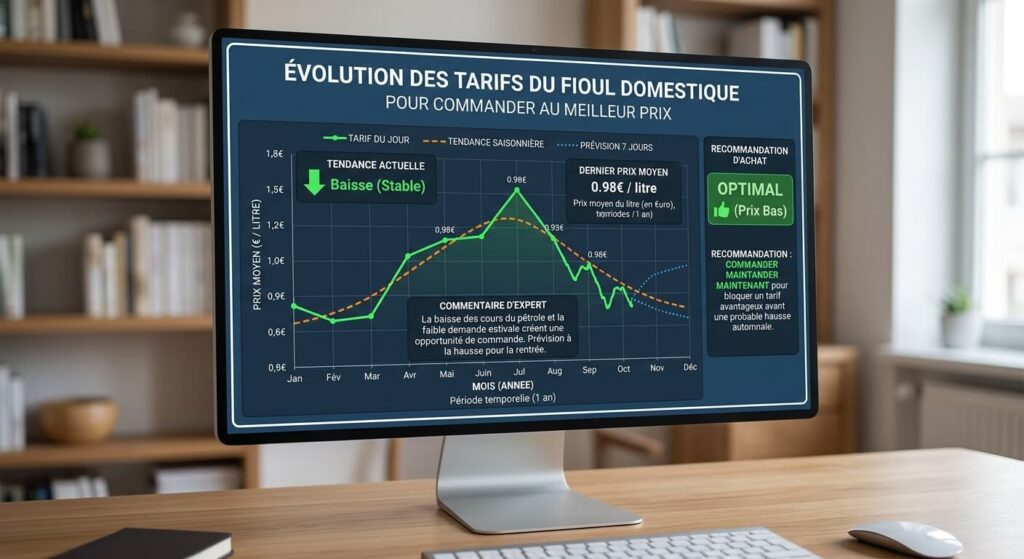 Prix du fioul dans le Grand Est : ce qu'il faut savoir avant de commander 3 Graphique sur écran montrant la tendance et l'évolution des tarifs du fioul pour commander au meilleur prix.