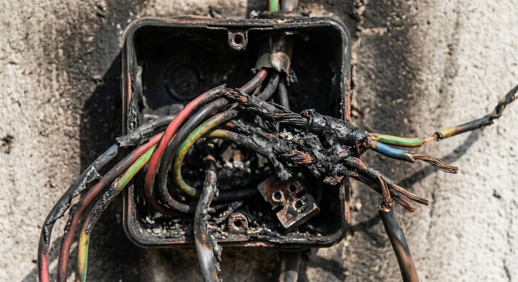 Gros plan sur des fils électriques brûlés suite à un court-circuit, symbolisant le risque de sinistre.