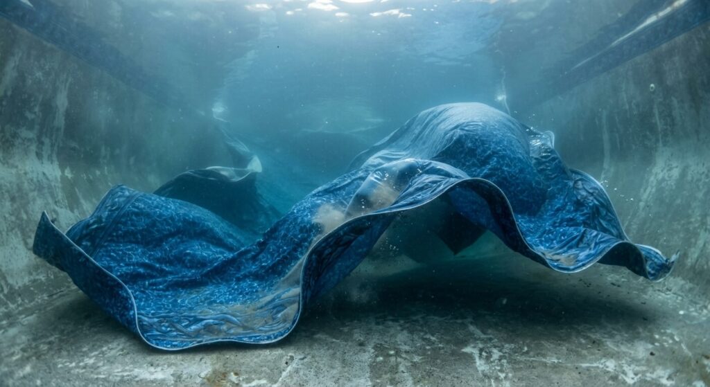 Piscine sans puits de décompression : risques et règles 3 Un liner de piscine déformé et flottant au fond du bassin à cause de la pression de l'eau du sous-sol.