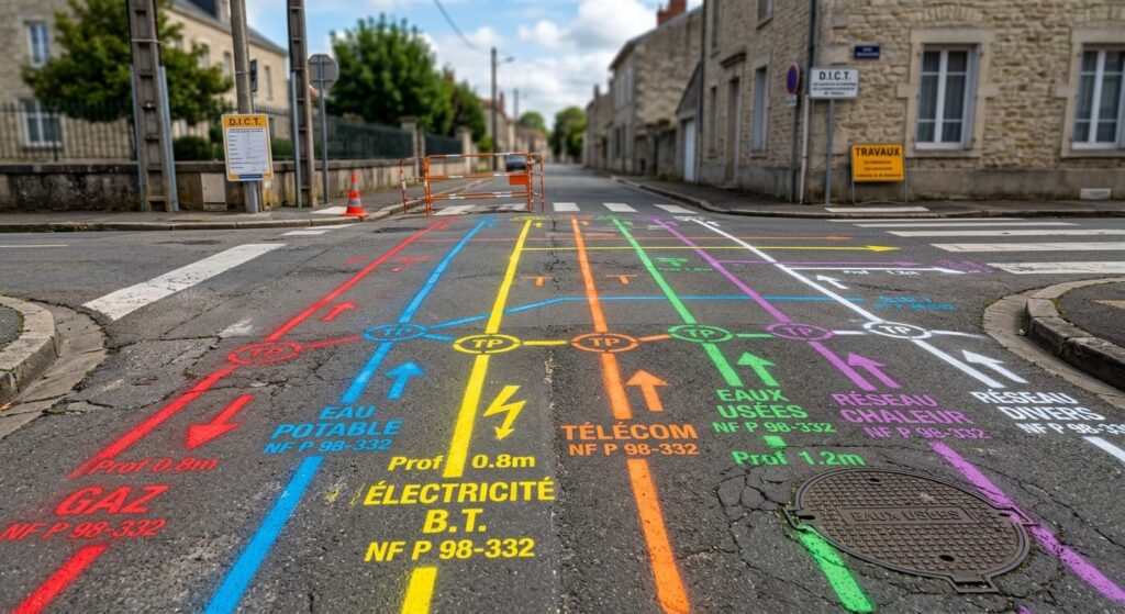 Tout savoir sur le plan de récolement : un atout incontournable pour la gestion des réseaux enterrés 4 Marquages de couleurs réglementaires sur le sol (norme NF P 98-332) indiquant l'emplacement des réseaux enterrés avant le début des travaux.