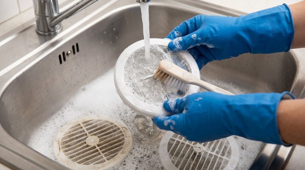 Nettoyage à l'eau savonneuse des filtres en plastique d'une bouche d'aération de maison.