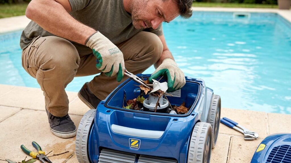 Robot de piscine Zodiac voyant "i" clignote : significations et solutions 3 Un particulier démontant la grille supérieure d'un robot Zodiac pour retirer des débris coincés dans l'hélice du moteur.