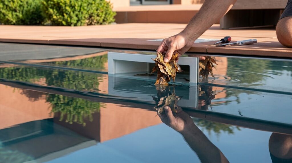 Entretien et retrait des feuilles mortes coincées dans l'ouverture étroite d'un skimmer miroir en ABS.