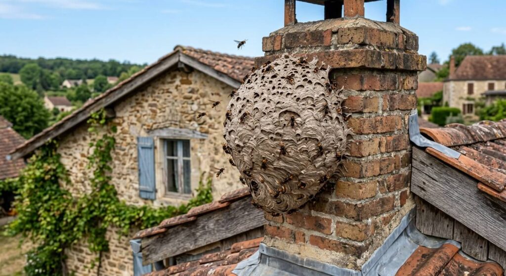 Nid de guêpes ou de frelons dans la maison : comment réagir sans prendre de risque 3 Un nid de frelons asiatiques de forme sphérique fixé sur le conduit d'une cheminée extérieure.