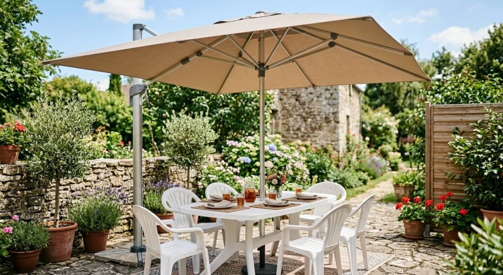 Un parasol haut de gamme déployé au-dessus d'un espace extérieur pour filtrer les rayons UV et protéger le mobilier en plastique du jaunissement.