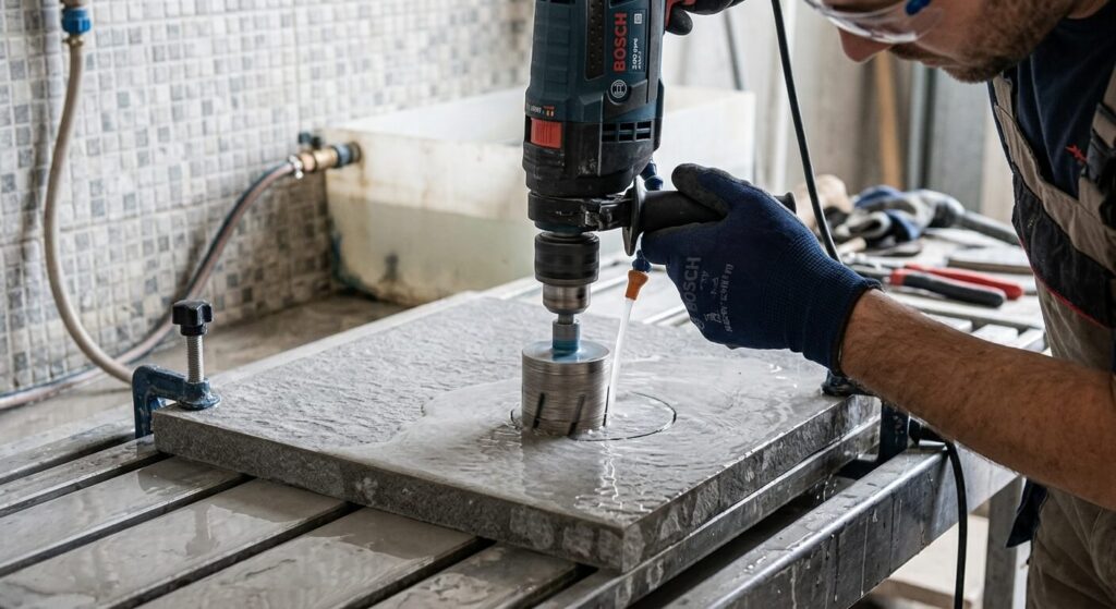 Fixer une bâche à barres de piscine sur une terrasse en dalle sur plots 3 Utilisation d'un foret diamanté pour percer proprement une dalle en grès cérame sans la fendre.