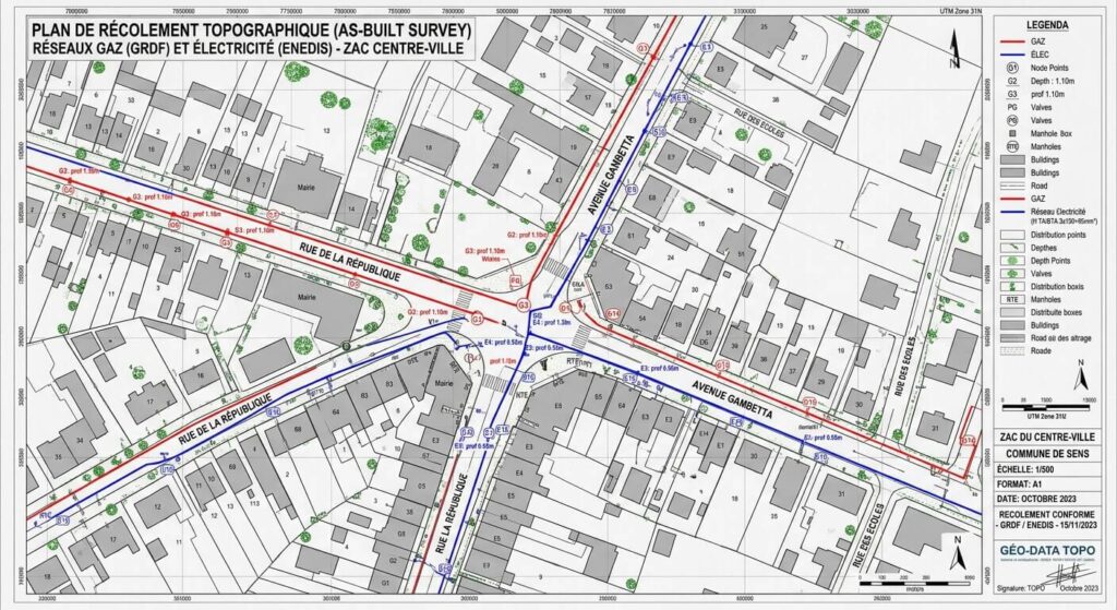 Tout savoir sur le plan de récolement : un atout incontournable pour la gestion des réseaux enterrés 3 Un plan de récolement topographique détaillé affichant le tracé précis et numérisé des réseaux de gaz et d'électricité.