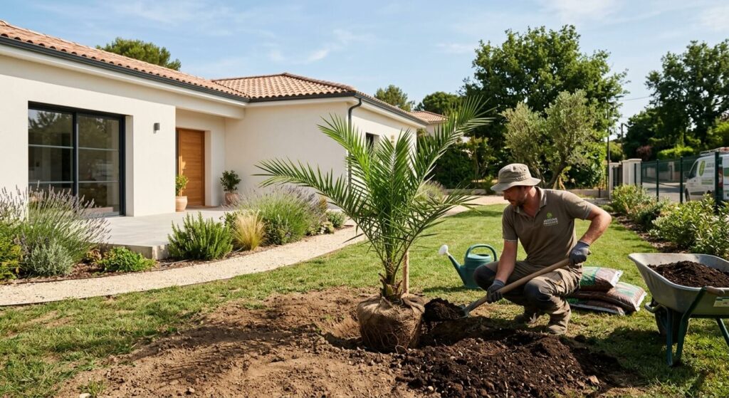 Un paysagiste plantant un jeune palmier Phoenix à bonne distance de la façade d'une maison neuve.