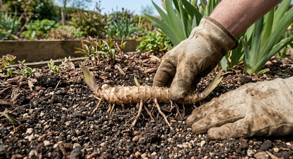 Installation d'un rhizome d'iris dans une terre de jardin bien drainée, laissé affleurer en surface du sol.