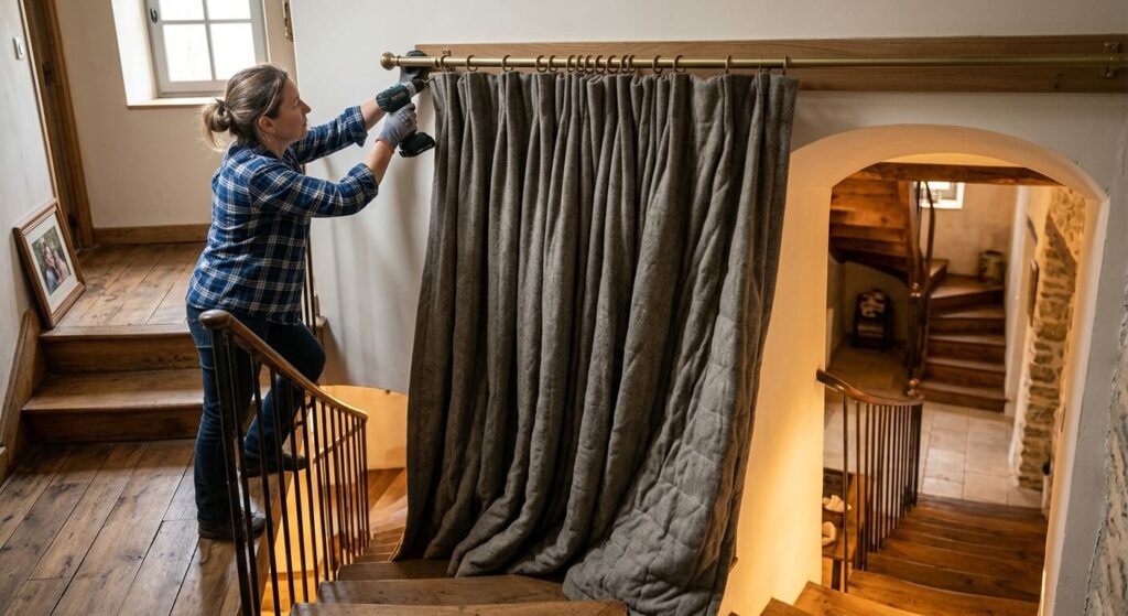 Comment éviter que la chaleur monte à l'étage en été ? Solutions pratiques 3 Installation d'un rideau thermique épais en haut d'un escalier pour bloquer les transferts d'air chaud.