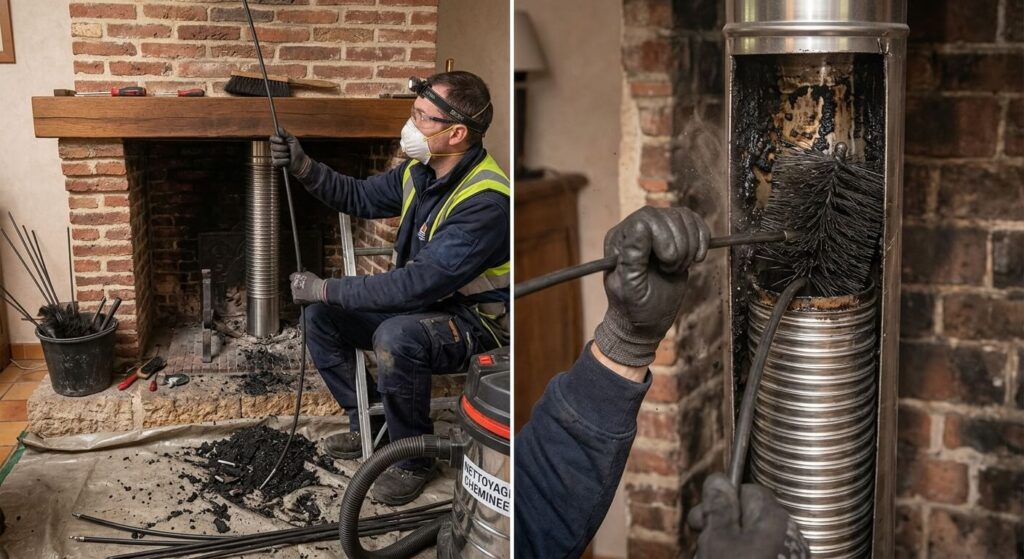Un professionnel passant un hérisson de ramonage dans un conduit tubé pour enlever les dépôts de goudron.