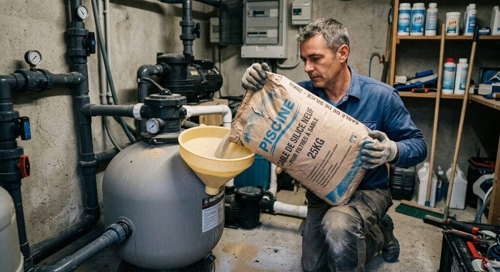 Niveau de sable dans un filtre à sable de piscine : quel est le bon dosage ? 3 Un particulier versant un sac de sable de silice neuf à l'aide d'un entonnoir dans le filtre de son local technique.