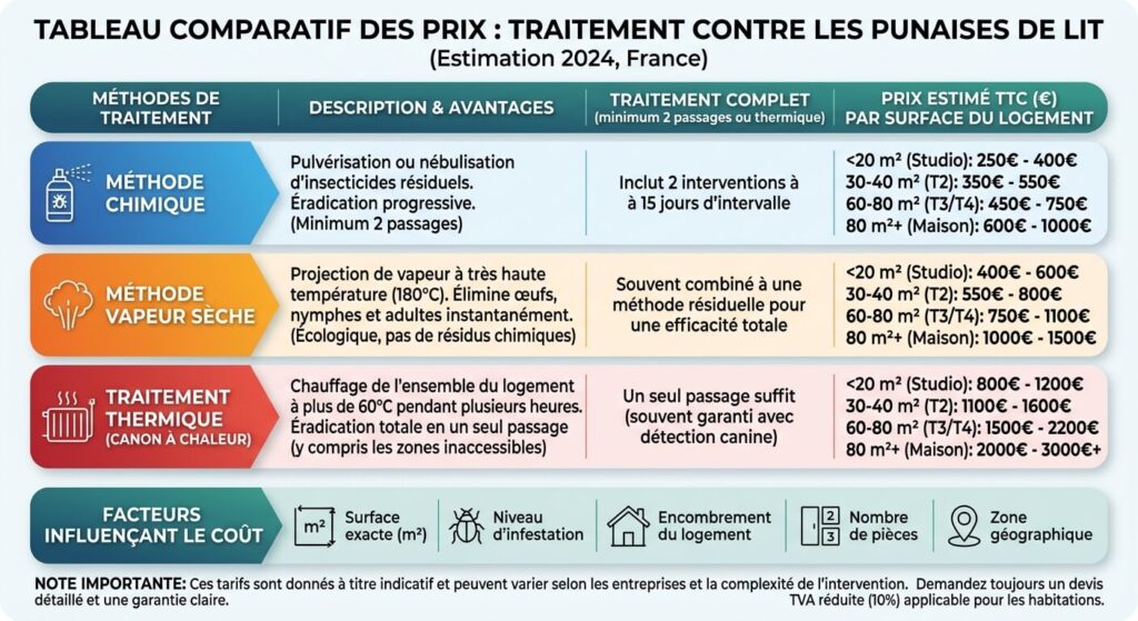 Punaises de lit dans votre logement : comment choisir le bon prestataire et anticiper le coût de l'intervention 3 Un tableau comparatif des prix d'un traitement contre les punaises de lit selon la surface du logement et la méthode choisie.