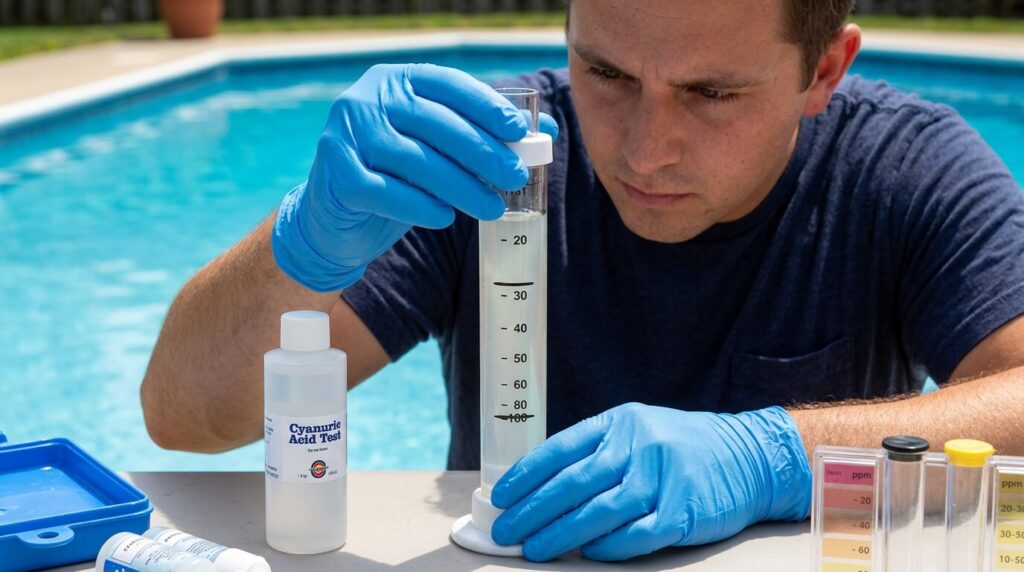 Une analyse d'eau de piscine mesurant la concentration d'acide cyanurique à l'aide d'une éprouvette graduée.