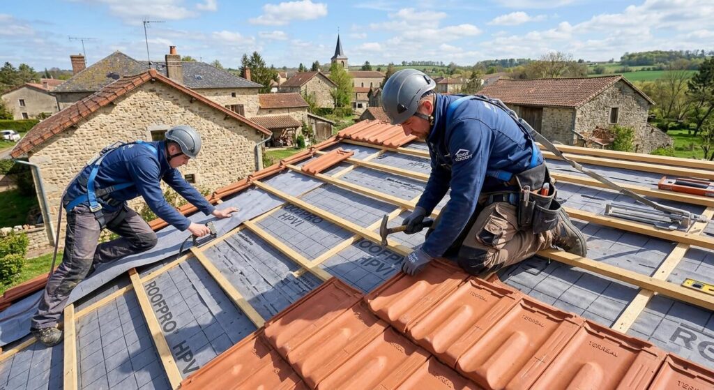 Cinq idées reçues sur la réfection de toiture qui coûtent cher 3 Artisans couvreurs professionnels installant un écran sous-toiture et des tuiles neuves dans les règles de l'art.