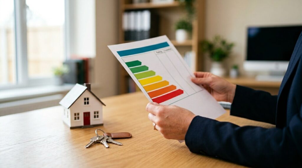 Certificat PEB : comment retrouver et vérifier celui d'un logement en Belgique 2 Une personne analysant l'échelle de score énergétique de couleur allant de A à G sur un certificat PEB belge.