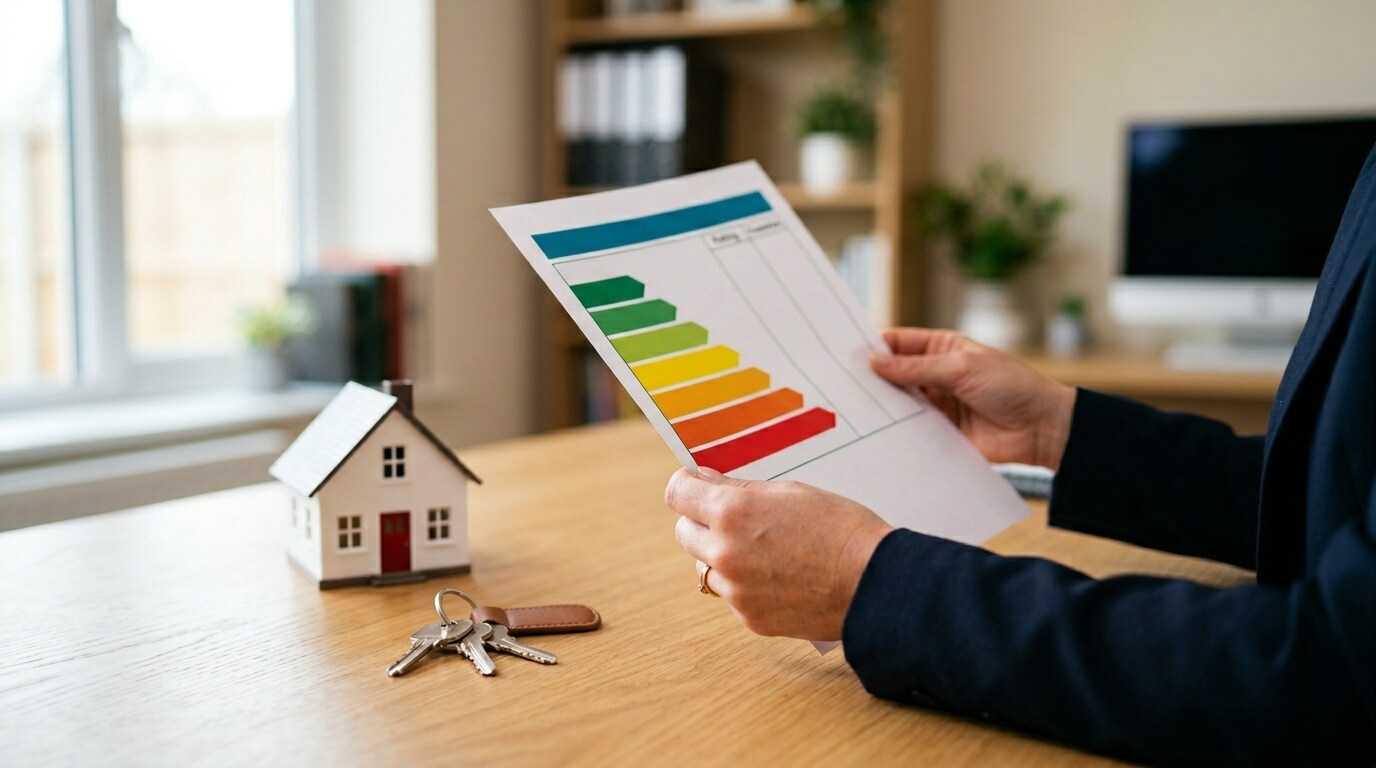 Une personne analysant l'échelle de score énergétique de couleur allant de A à G sur un certificat PEB belge.