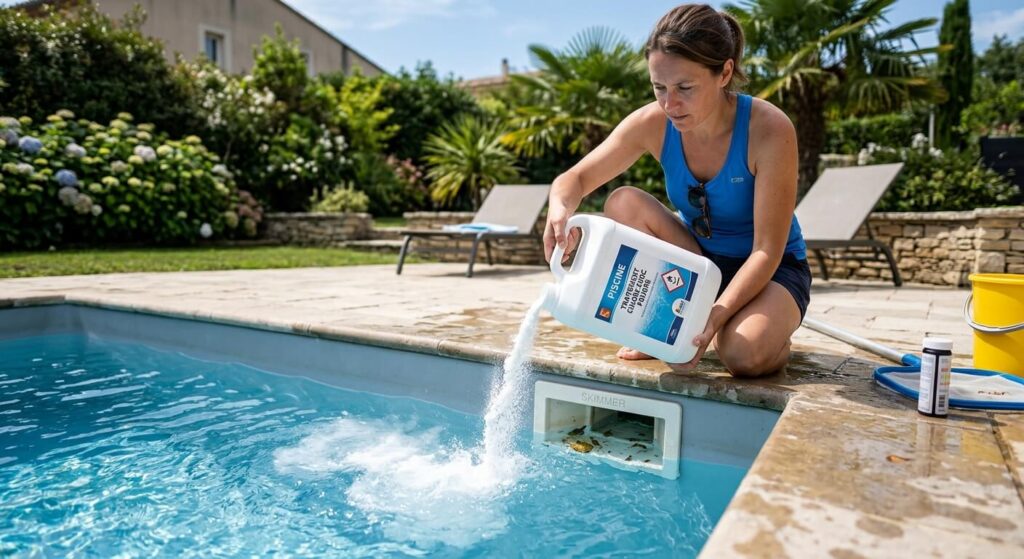 Comment augmenter le TAC de sa piscine sans augmenter le pH ? 3 L'action de verser une poudre blanche de traitement dans l'eau d'un bassin devant les skimmers.