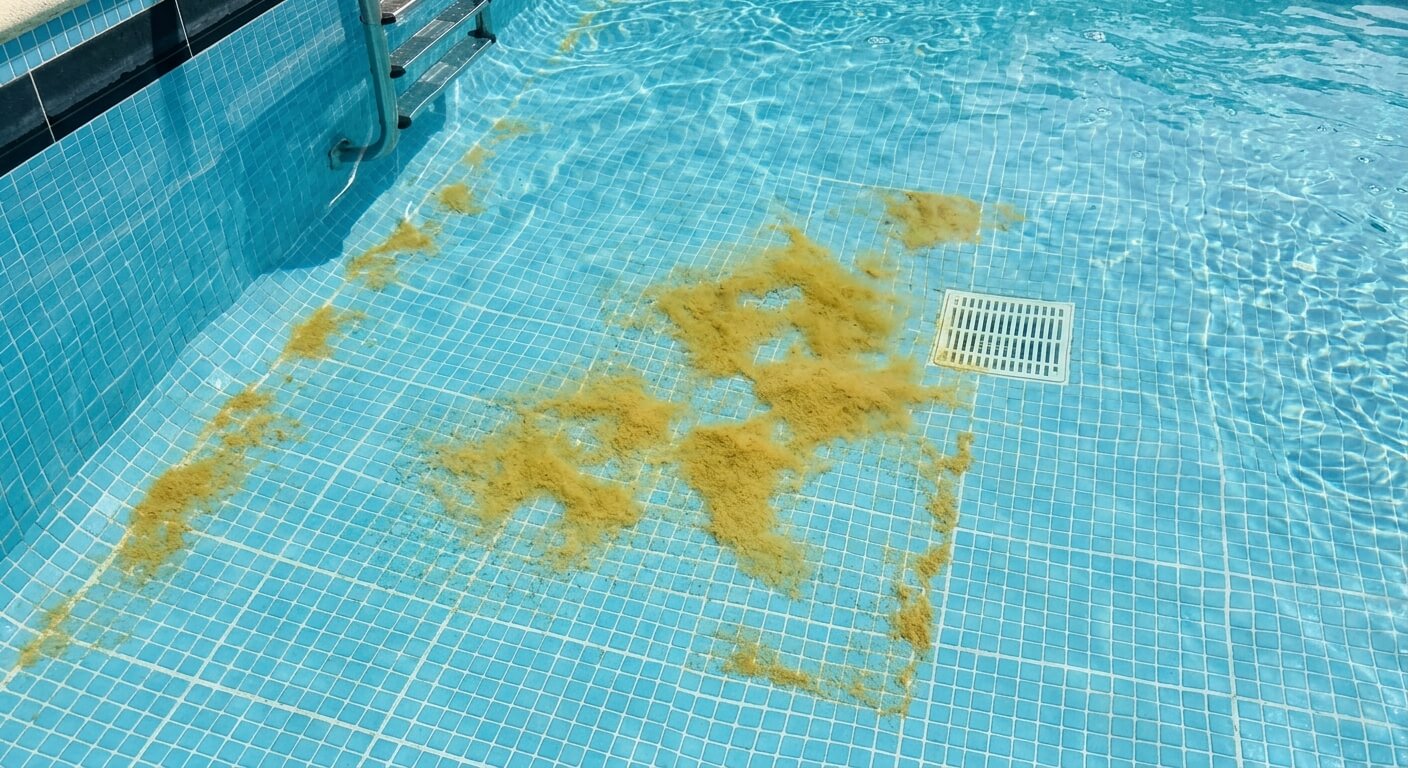 Des taches de poussière jaune fine ressemblant à de la moutarde au fond de l'eau d'une piscine.