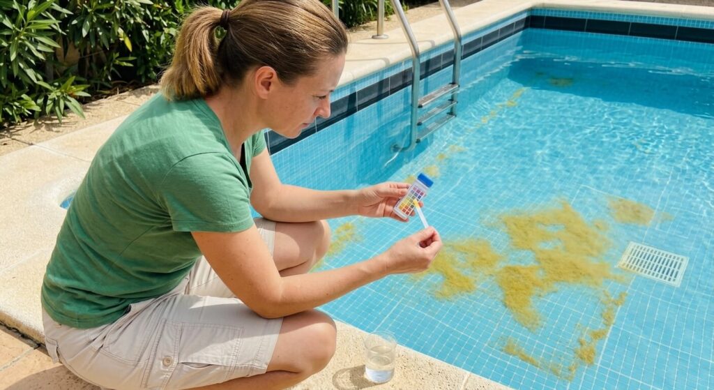 Algues moutarde dans une piscine au sel : comment s'en débarrasser définitivement ? 3 Une personne utilisant des bandelettes de test pour vérifier le taux de pH de l'eau du bassin.