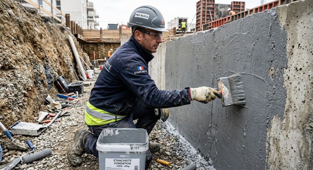Mur en parpaing de sous-sol humide : causes, risques et traitements 3 Un professionnel appliquant une résine d'étanchéité grise au gros pinceau sur un mur enterré.