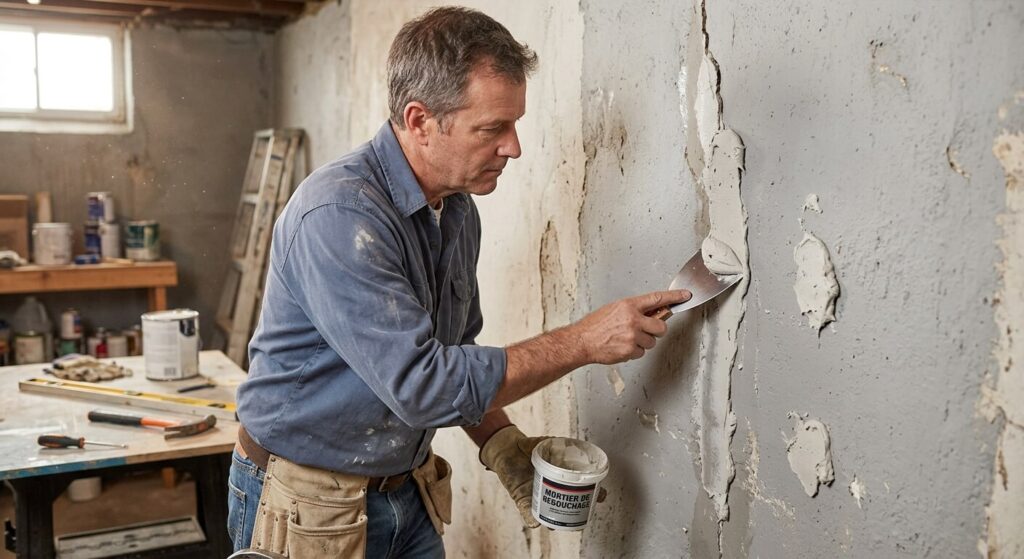 Un bricoleur étalant du mortier de rebouchage à la spatule sur une rainure de mur.