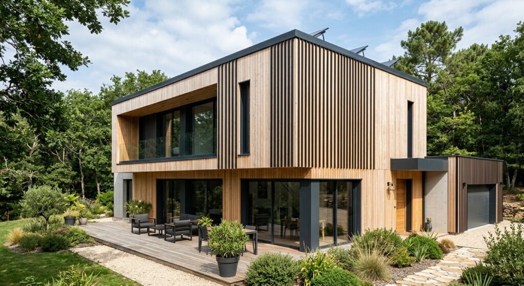 Une maison contemporaine dotée d'un bardage en bois vertical avec un relief moderne de tasseaux noirs.
