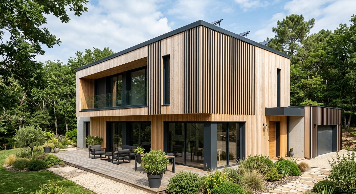 Une maison contemporaine dotée d'un bardage en bois vertical avec un relief moderne de tasseaux noirs.