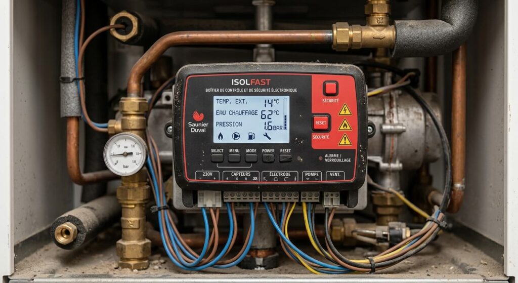 Gros plan sur le boîtier de contrôle et de sécurité électronique d'une chaudière domestique.