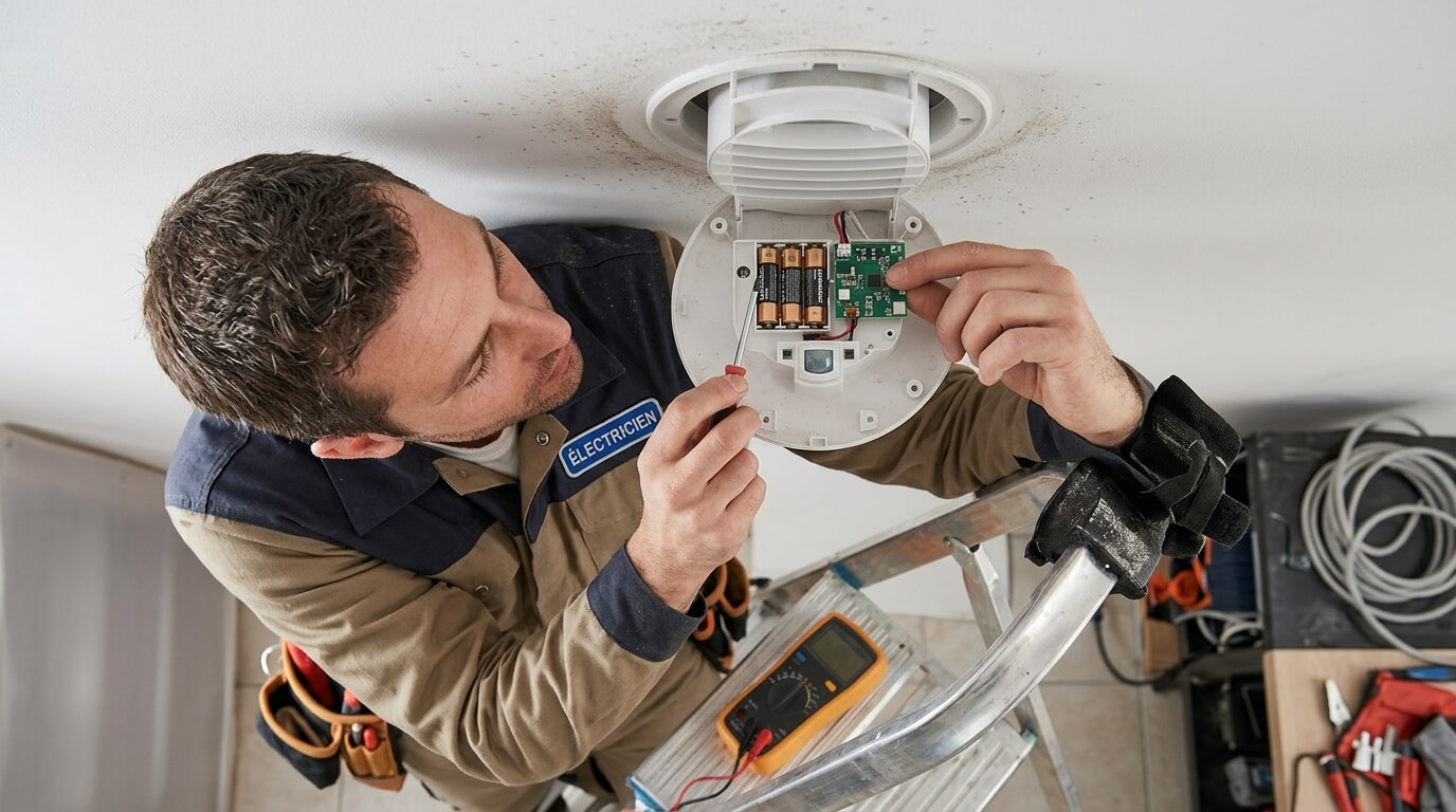 Un électricien vérifiant les piles et le capteur infrarouge d'une bouche de VMC hygroréglable au plafond.