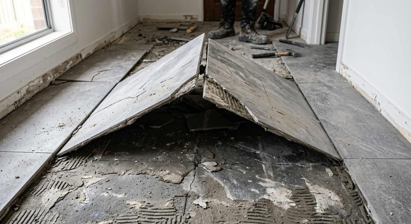 Des carreaux de carrelage de grand format soulevés et décollés de leur support de sol.