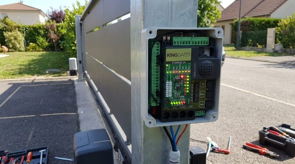 Le boîtier électronique ouvert d'un moteur de portail King Gates avec ses voyants LED allumés.