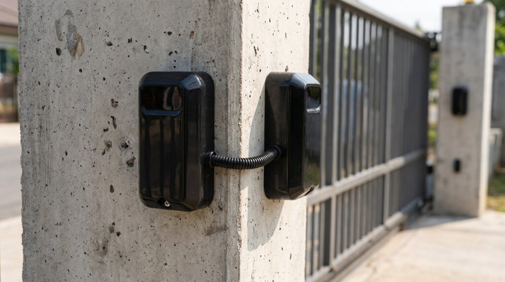 Une cellule de sécurité infrarouge installée sur le pilier en béton d'un portail automatique.