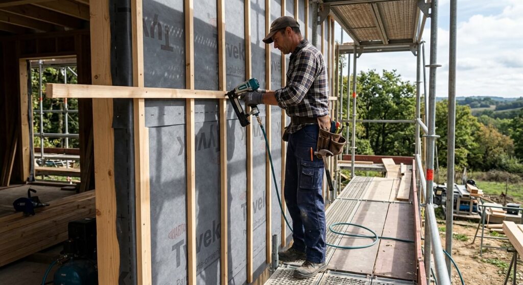 Un menuisier fixant des liteaux de bois sur un écran pare-pluie pour préparer la ventilation de la façade.