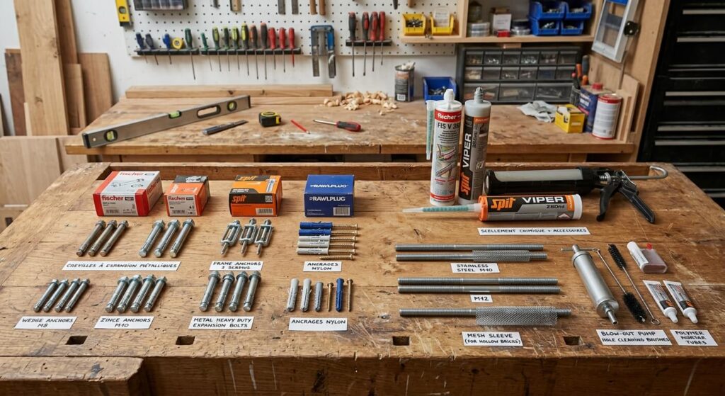 Fixer une charge lourde sur un carreau de plâtre : chevilles et méthode de pose 3 Différents modèles de chevilles à expansion et chevilles chimiques posées sur un plan de travail.