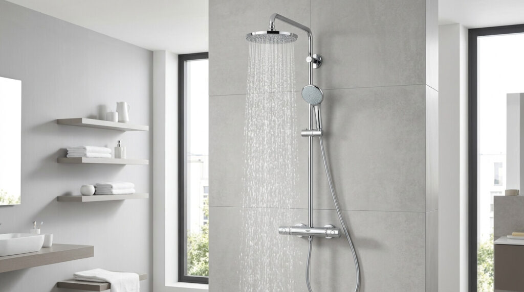 Une colonne de douche moderne en chrome brillant de la marque Grohe installée dans une salle de bain épurée.