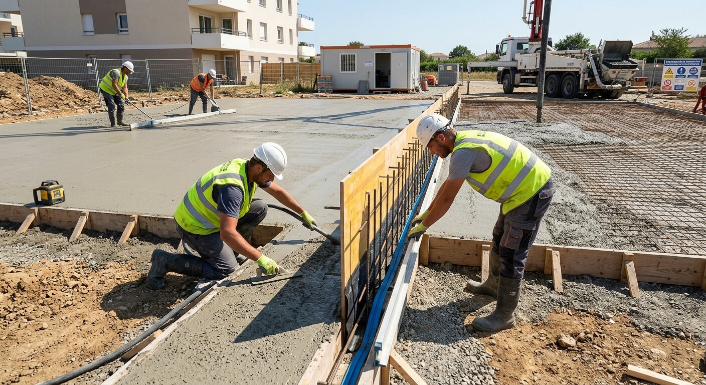Des maçons installant un joint de reprise intermédiaire lors du coulage d'une grande terrasse en béton.