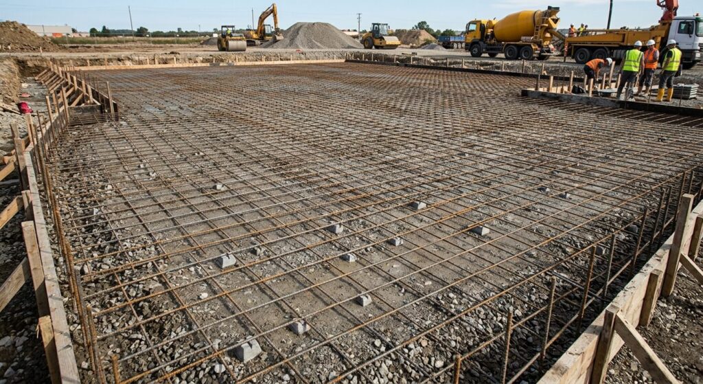Le treillis soudé en acier posé au sol avant le coulage du béton pour solidariser la structure.