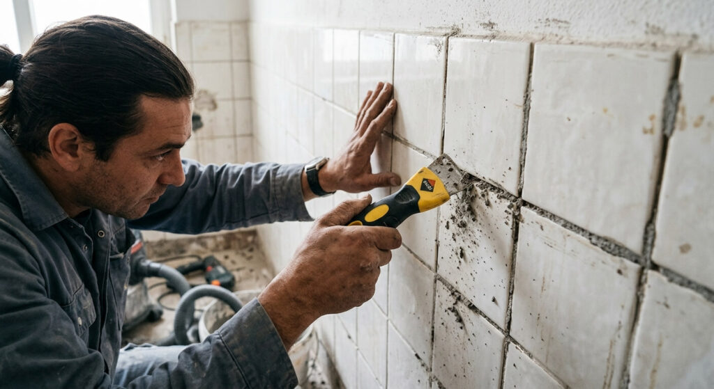 Une personne utilisant un grattoir à déjointer manuel pour retirer un vieux joint gris entre des carreaux blancs.