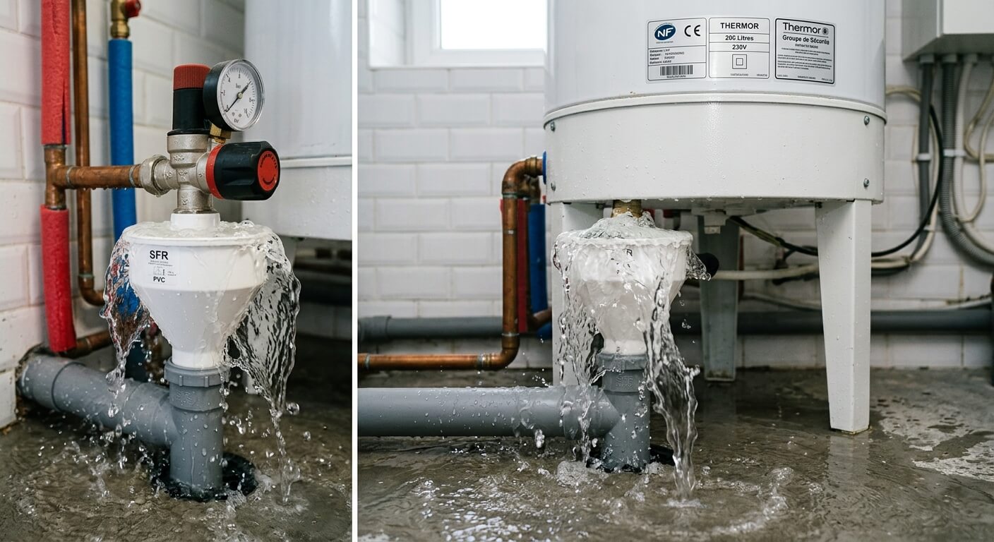Le groupe de sécurité d'un chauffe-eau électrique avec de l'eau qui déborde du siphon en plastique.