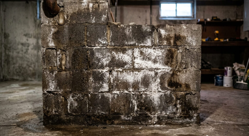 Mur en parpaing de sous-sol humide : causes, risques et traitements 2 Des traces d'humidité et d'efflorescence blanche (salpêtre) sur un mur de sous-sol en parpaings bruts.