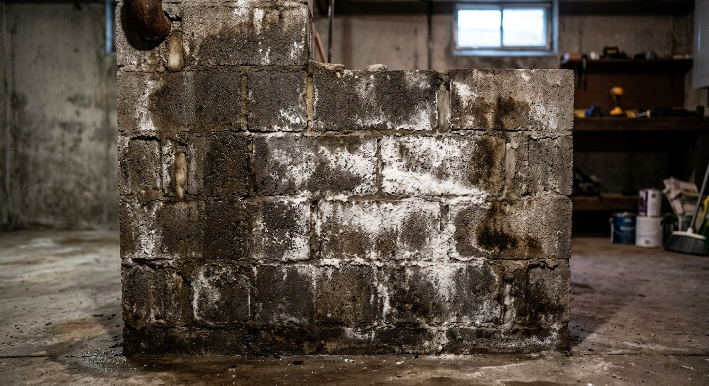 Des traces d'humidité et d'efflorescence blanche (salpêtre) sur un mur de sous-sol en parpaings bruts.