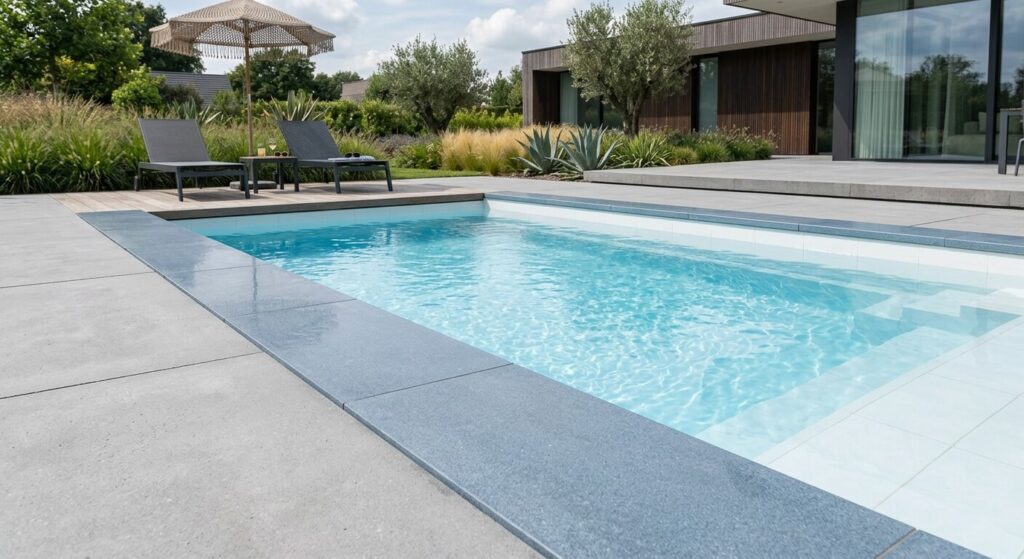 Un alignement de margelles en pierre bleue rectifiée pour une piscine au design contemporain.