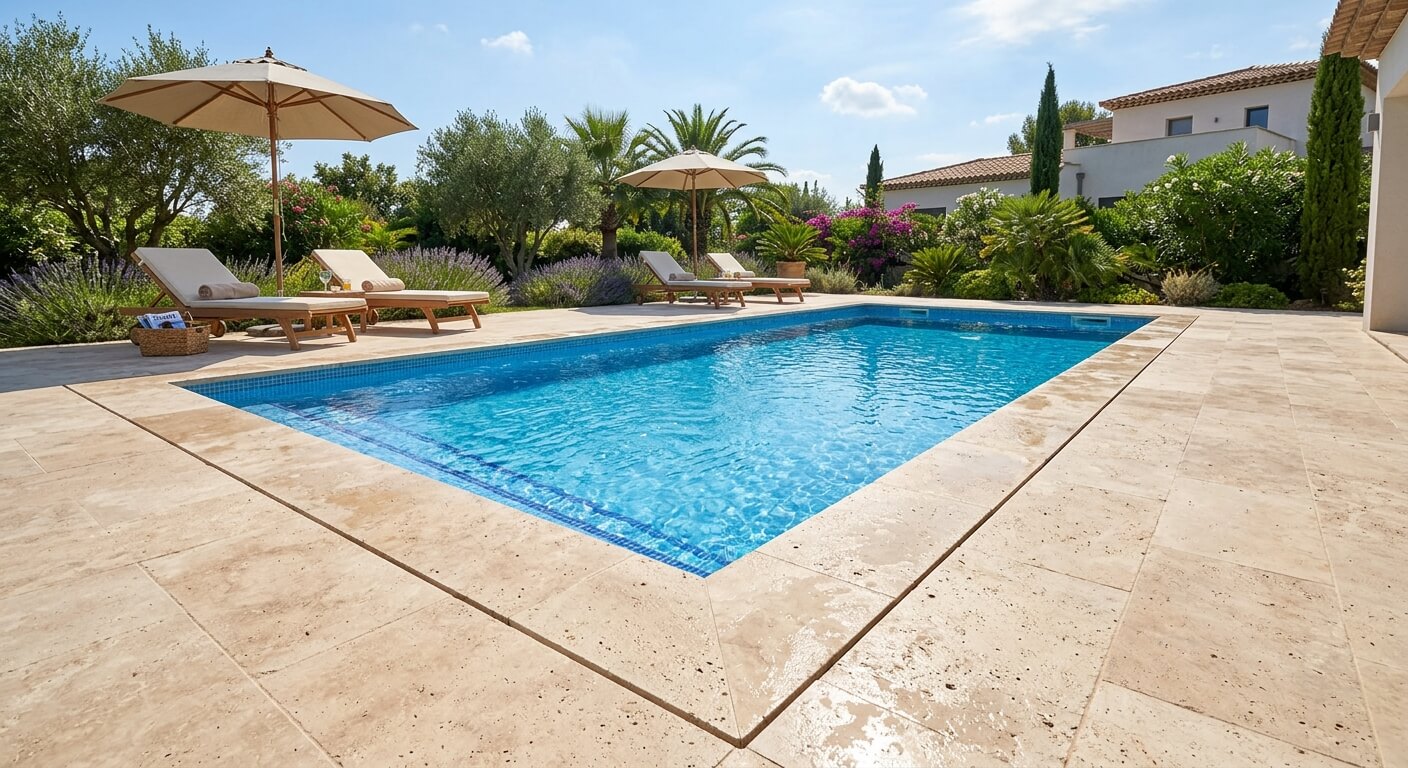 Des margelles de piscine en travertin beige clair entourant un bassin d'eau bleue.