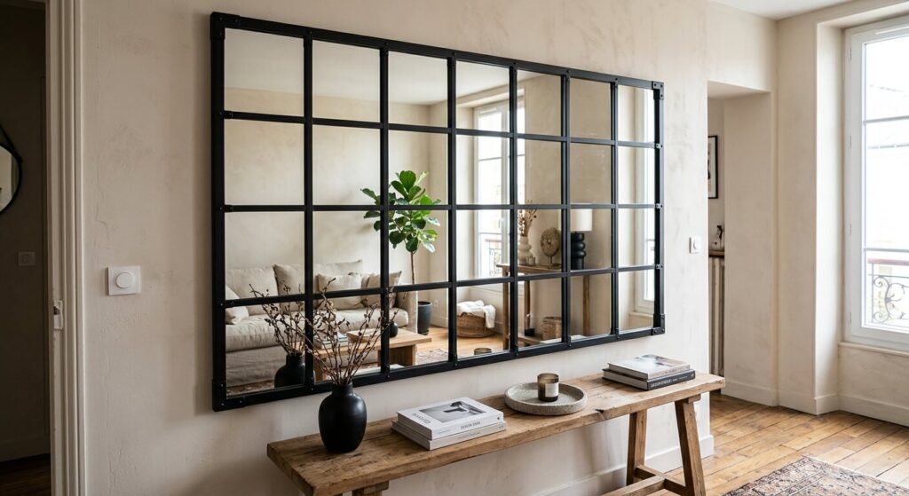 Peindre un miroir : techniques pour relooker le cadre et le verre 3 Un grand miroir mural transformé avec un cadre noir mat de style verrière industrielle.