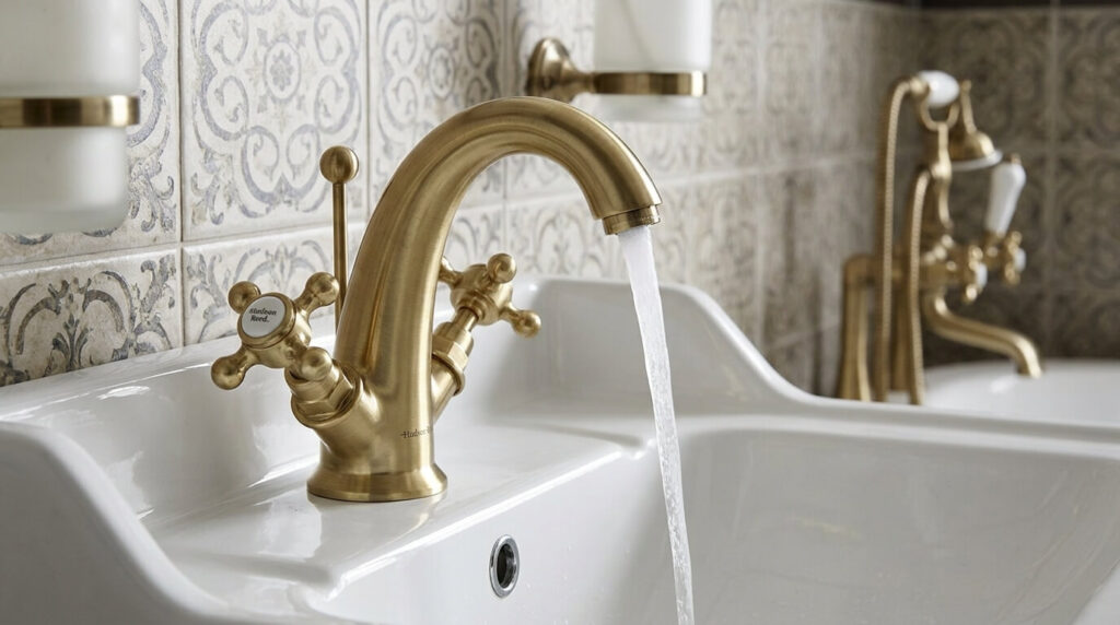 Un mitigeur de lavabo au style rétro et finitions en laiton brossé de la marque Hudson Reed.