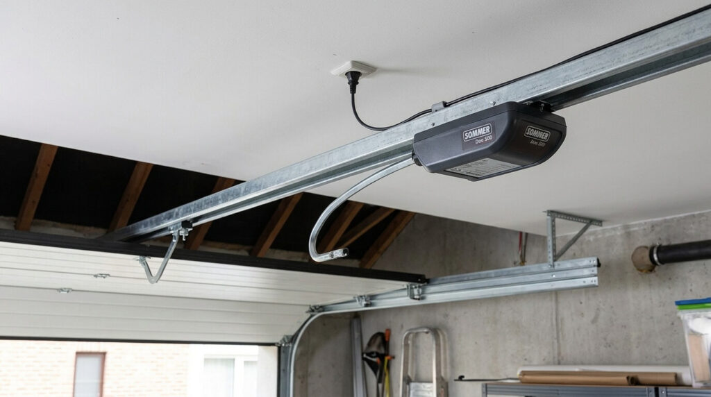 Le boîtier de motorisation de porte de garage Sommer Duo 500 fixé sur son rail métallique de guidage.